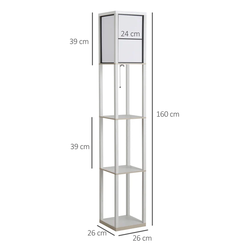 Lampadaire étagère salon chambre 26 x 26 x 160 cm rangement intégré éclairage d'appoint moderne scandinave en MDF blanc 21_0001747