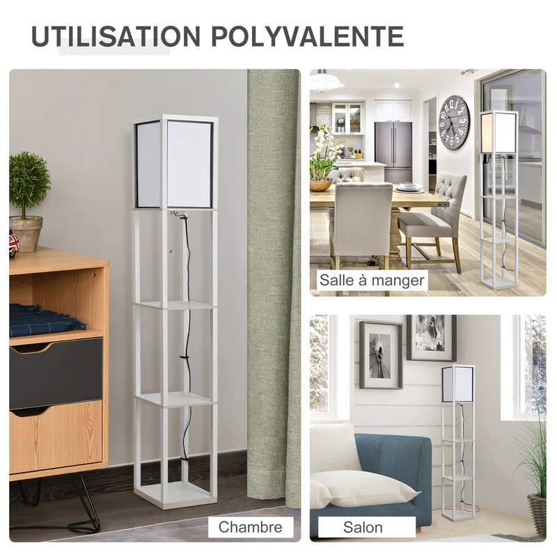 Lampadaire étagère salon chambre 26 x 26 x 160 cm rangement intégré éclairage d'appoint moderne scandinave en MDF blanc 21_0001747
