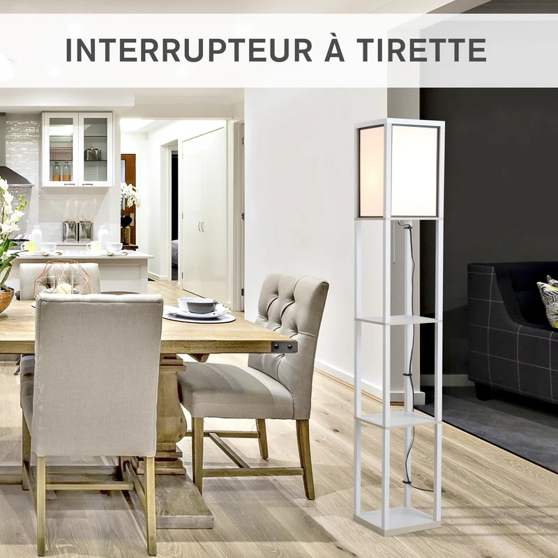 Lampadaire étagère salon chambre 26 x 26 x 160 cm rangement intégré éclairage d'appoint moderne scandinave en MDF blanc 21_0001747