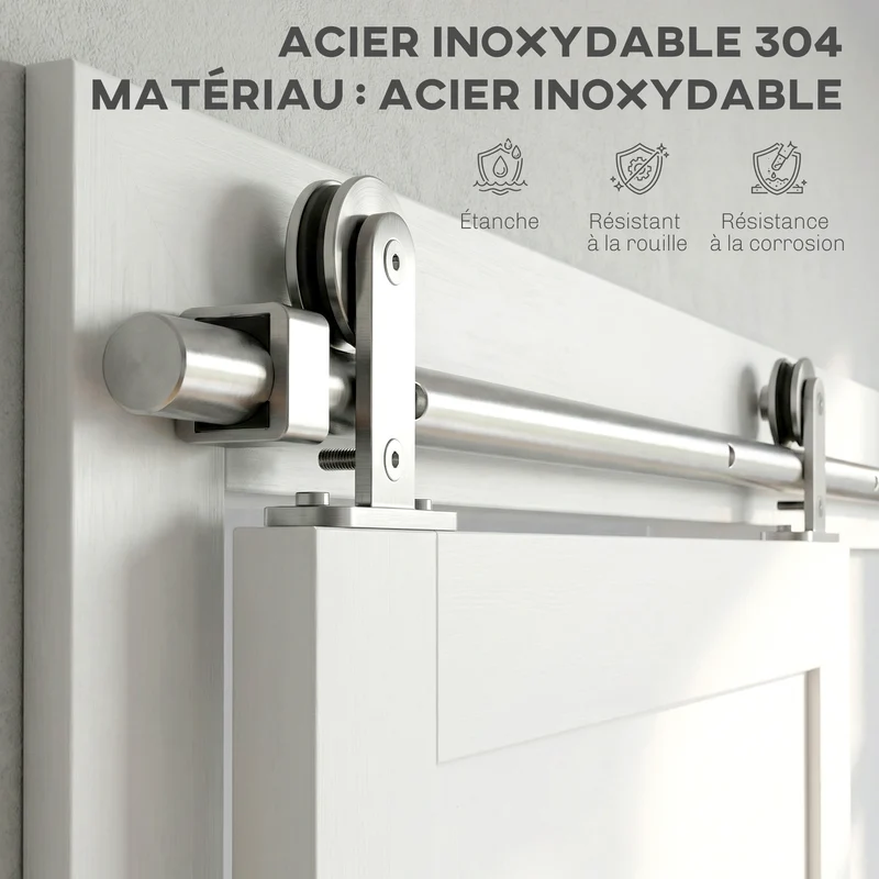 Kit quincaillerie porte coulissante rail 152 x 2,5 x 2,5 cm pour 80 kg silencieux moderne en acier inoxydable argent 21_0007148
