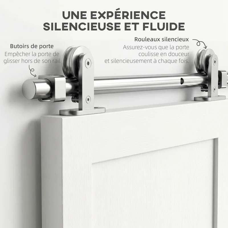 Kit quincaillerie porte coulissante rail 152 x 2,5 x 2,5 cm pour 80 kg silencieux moderne en acier inoxydable argent 21_0007148