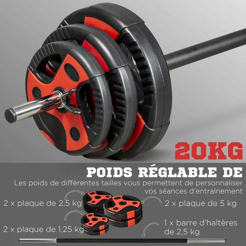 Kit d'haltères 20 kg entraînement complet 27 x 140 cm prise antidérapante usage domicile style moderne en métal noir 21_0006811