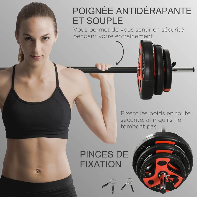 Kit d'haltères 20 kg entraînement complet 27 x 140 cm prise antidérapante usage domicile style moderne en métal noir 21_0006811