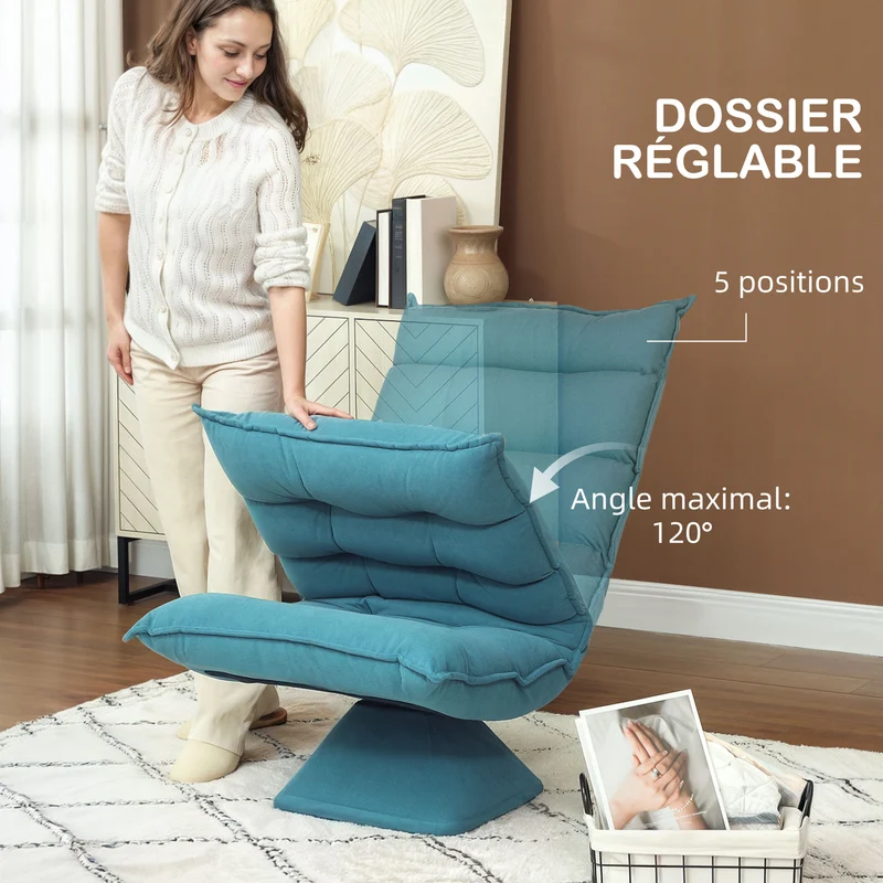 Fauteuil de sol pivotant salon 62 x 70 x 95 cm dossier inclinable confort design capitonné siège épais en velours bleu 21_0003077