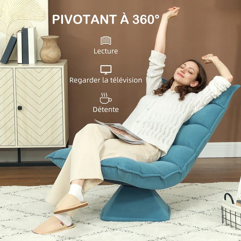 Fauteuil de sol pivotant salon 62 x 70 x 95 cm dossier inclinable confort design capitonné siège épais en velours bleu 21_0003077