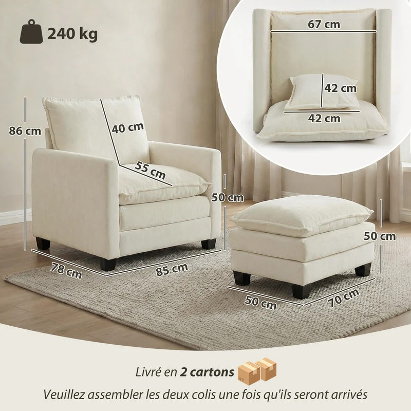Fauteuil de salon avec pouf 85 x 128 x 86 cm assise large 67 cm rembourrage double couche contemporain en chenille crème 21_0003629