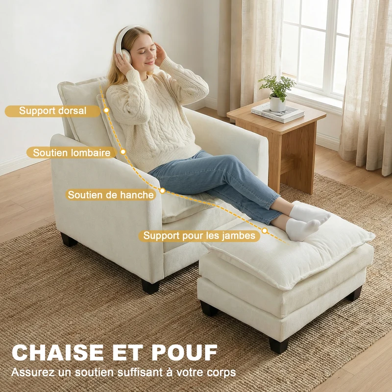 Fauteuil de salon avec pouf 85 x 128 x 86 cm assise large 67 cm rembourrage double couche contemporain en chenille crème 21_0003629