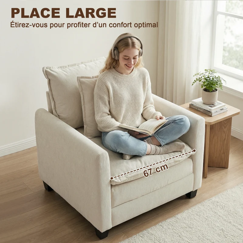 Fauteuil de salon avec pouf 85 x 128 x 86 cm assise large 67 cm rembourrage double couche contemporain en chenille crème 21_0003629