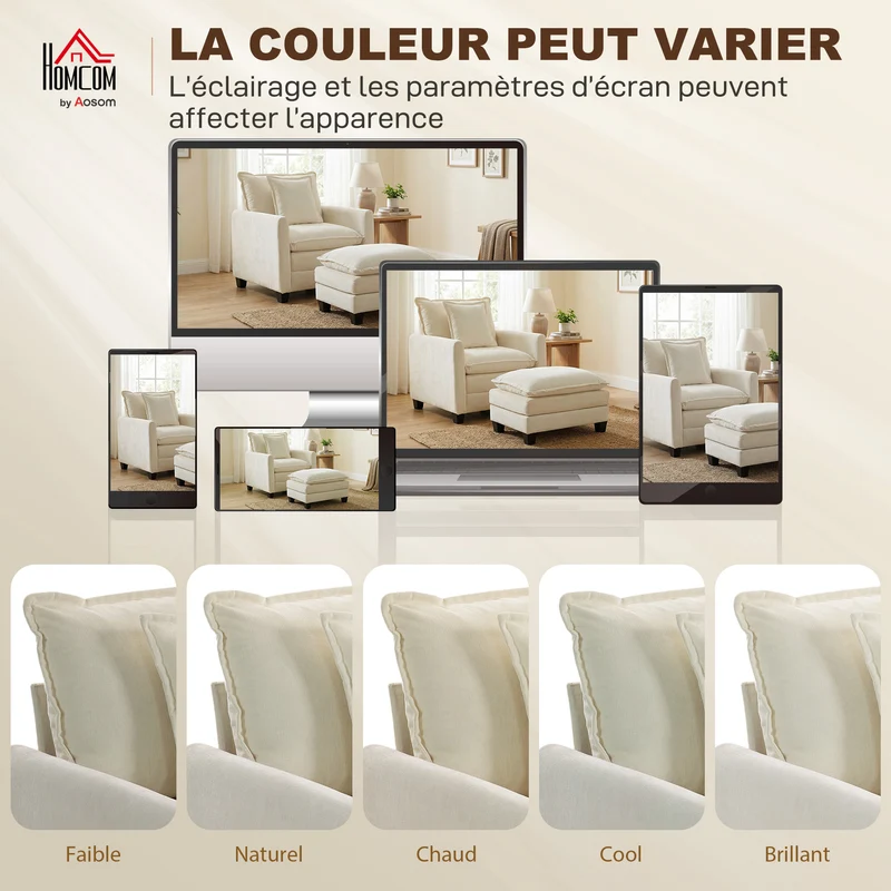 Fauteuil de salon avec pouf 85 x 128 x 86 cm assise large 67 cm rembourrage double couche contemporain en chenille crème 21_0003629