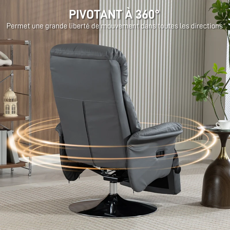 Fauteuil de relaxation pivotant inclinable 78 x 80 x 109 cm repose-pieds réglable confort design en polyuréthane gris 21_0003150