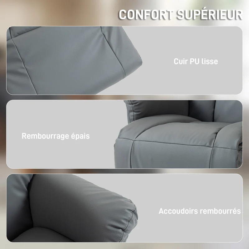 Fauteuil de relaxation pivotant inclinable 78 x 80 x 109 cm repose-pieds réglable confort design en polyuréthane gris 21_0003150