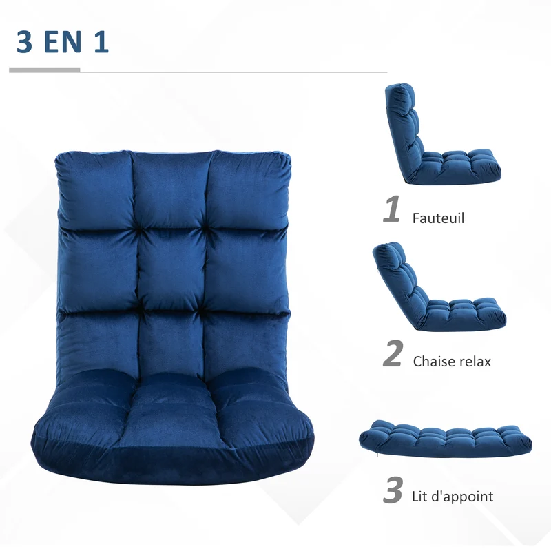 Fauteuil convertible multipositions 71 x 55 x 53,5 cm confort capitonné design salon en flanelle polyester bleu roi 21_0001818