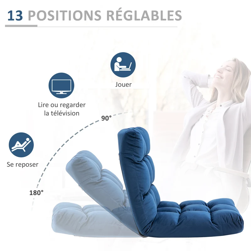 Fauteuil convertible multipositions 71 x 55 x 53,5 cm confort capitonné design salon en flanelle polyester bleu roi 21_0001818