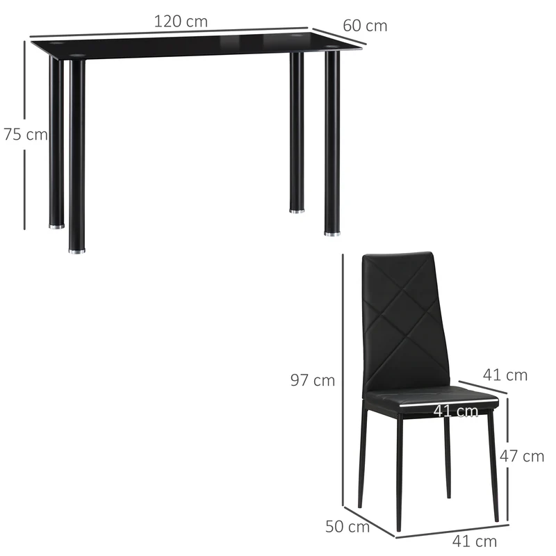 Ensemble table à manger 4 places 120 x 60 x 75 cm assise rembourrée entretien facile moderne épuré en verre trempé noir 21_0002318