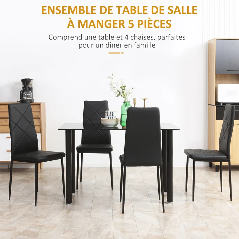 Ensemble table à manger 4 places 120 x 60 x 75 cm assise rembourrée entretien facile moderne épuré en verre trempé noir 21_0002318
