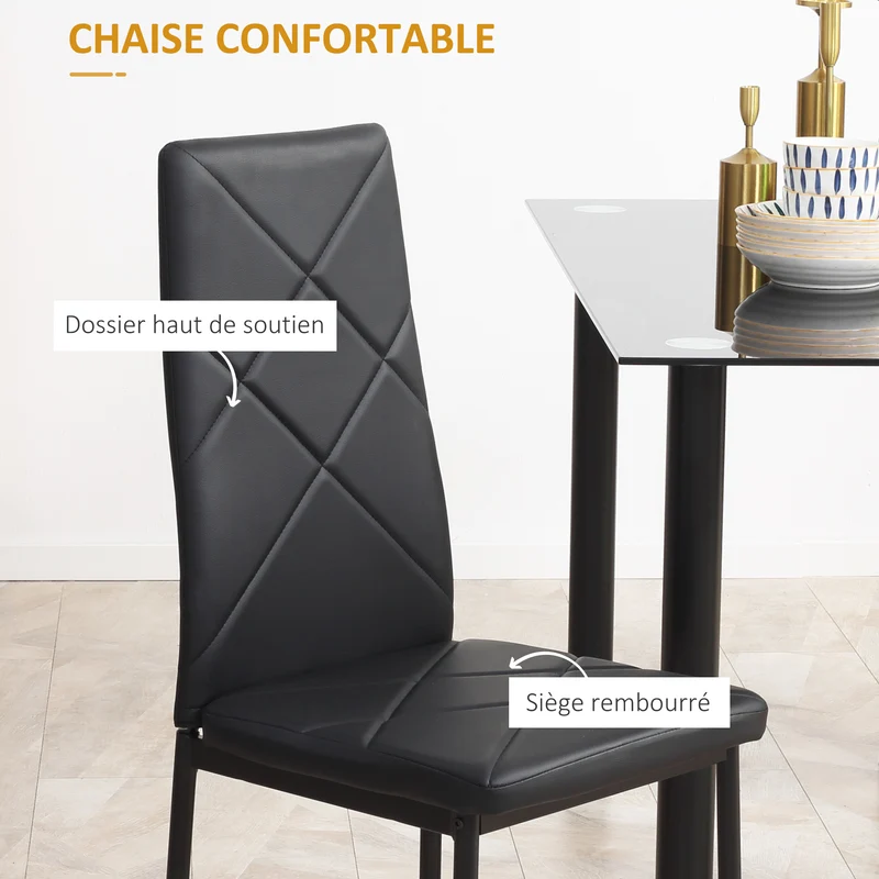 Ensemble table à manger 4 places 120 x 60 x 75 cm assise rembourrée entretien facile moderne épuré en verre trempé noir 21_0002318