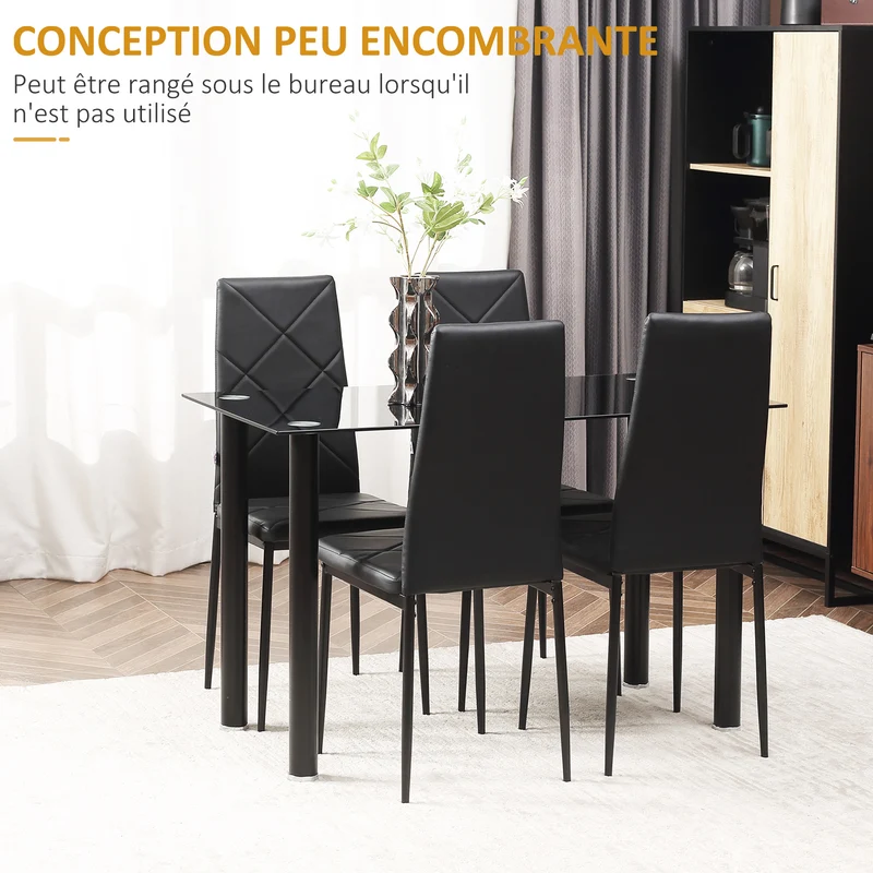 Ensemble table à manger 4 places 120 x 60 x 75 cm assise rembourrée entretien facile moderne épuré en verre trempé noir 21_0002318