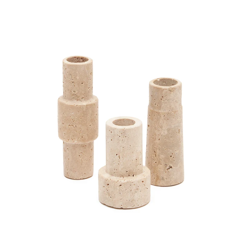 Majid set of 3 beige travertine candle holders