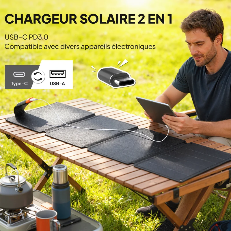 Chargeur solaire pliable ultraléger camping 89.8 x 27.9 x 1 cm charge 36 w ip67 type-c usb-a moderne épuré en etfe gris 21_0005138