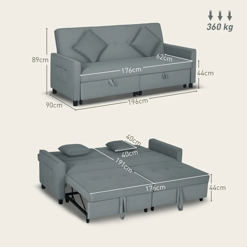 Canapé convertible 3 places clic-clac 196 x 90 x 89 cm assise mousse dossier réglable moderne cosy en polyester gris 21_0003460