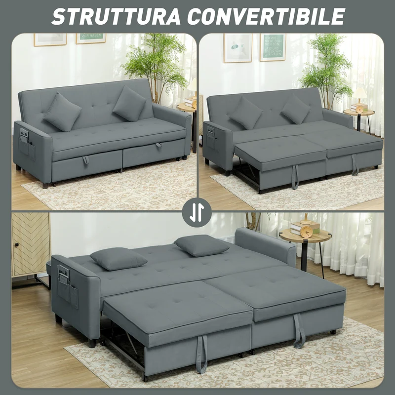 Canapé convertible 3 places clic-clac 196 x 90 x 89 cm assise mousse dossier réglable moderne cosy en polyester gris 21_0003460