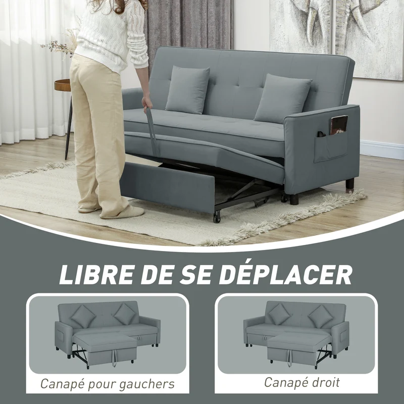 Canapé convertible 3 places clic-clac 196 x 90 x 89 cm assise mousse dossier réglable moderne cosy en polyester gris 21_0003460
