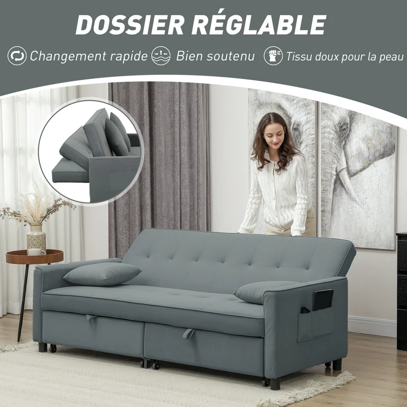 Canapé convertible 3 places clic-clac 196 x 90 x 89 cm assise mousse dossier réglable moderne cosy en polyester gris 21_0003460