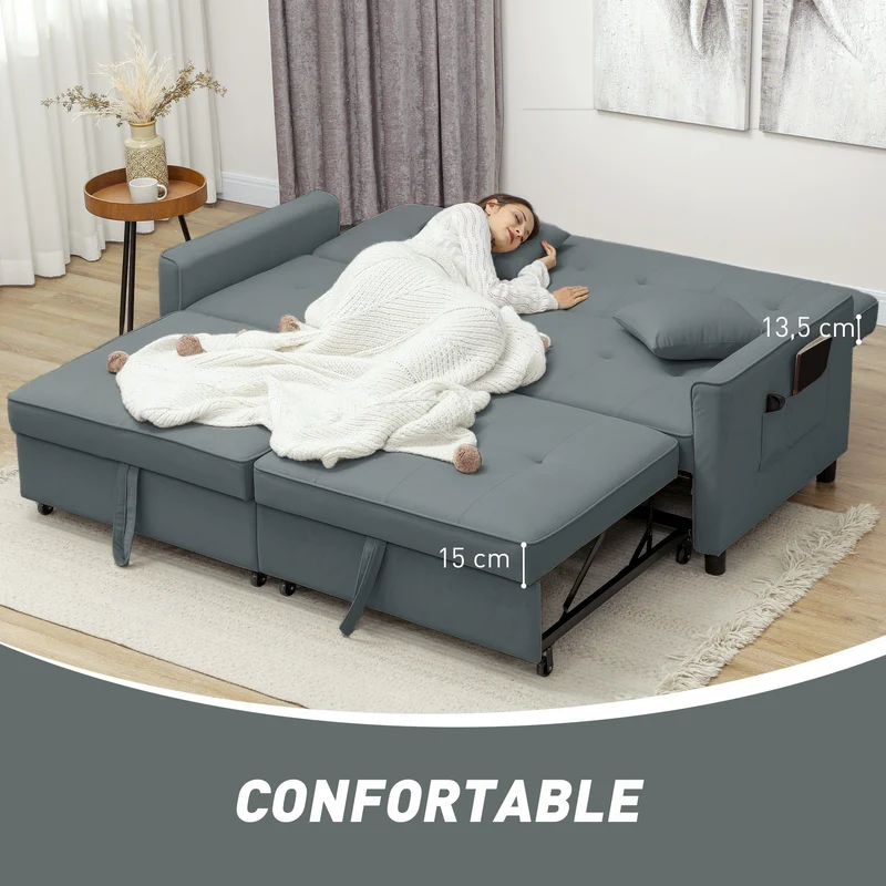 Canapé convertible 3 places clic-clac 196 x 90 x 89 cm assise mousse dossier réglable moderne cosy en polyester gris 21_0003460