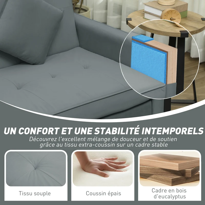 Canapé convertible 3 places clic-clac 196 x 90 x 89 cm assise mousse dossier réglable moderne cosy en polyester gris 21_0003460