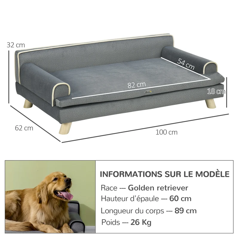 Canapé chien et chat 100 x 62 x 32 cm coussin amovible mousse haute densité style scandinave cosy en polyester gris 21_0007354