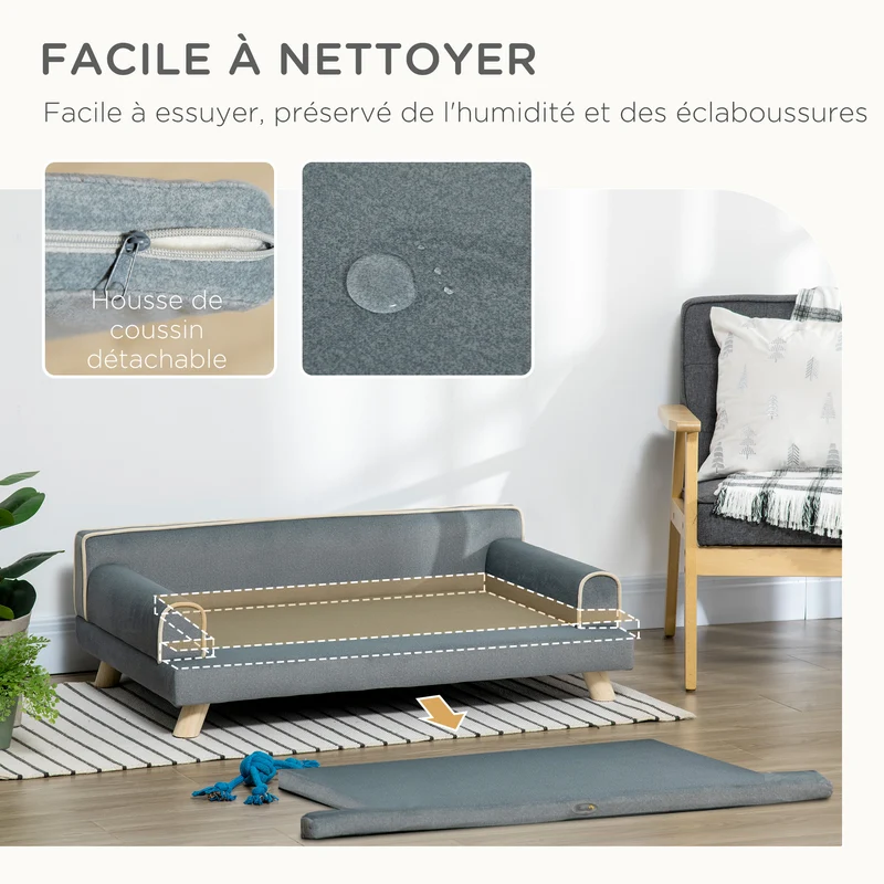 Canapé chien et chat 100 x 62 x 32 cm coussin amovible mousse haute densité style scandinave cosy en polyester gris 21_0007354