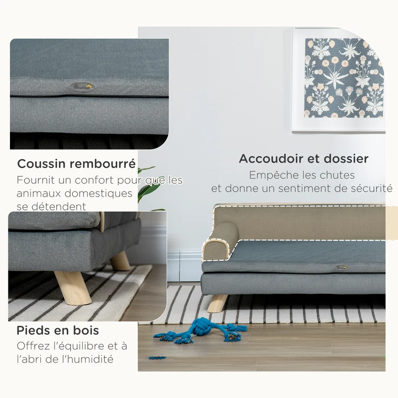 Canapé chien et chat 100 x 62 x 32 cm coussin amovible mousse haute densité style scandinave cosy en polyester gris 21_0007354