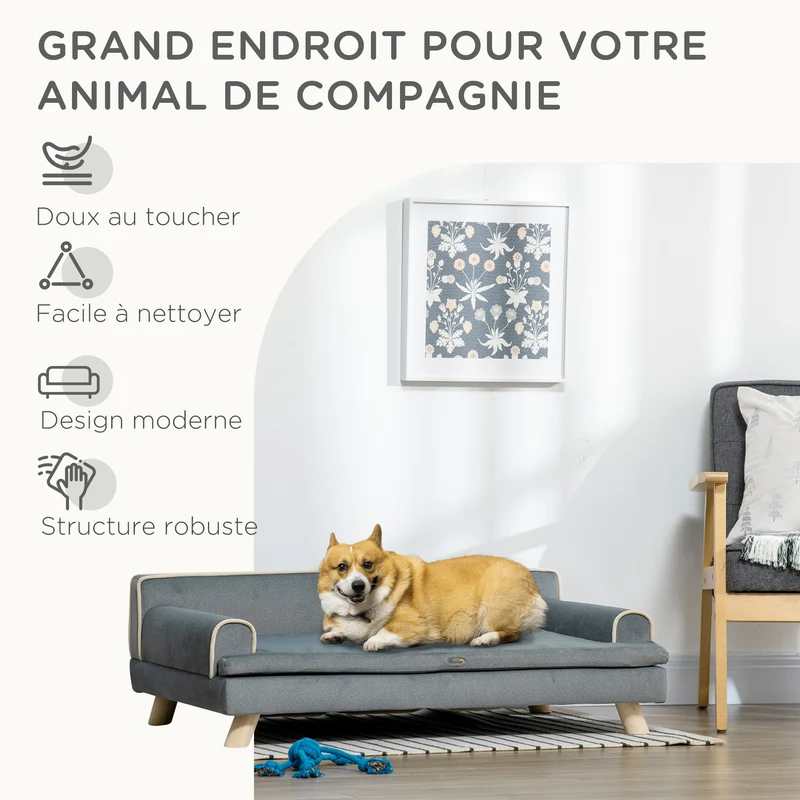 Canapé chien et chat 100 x 62 x 32 cm coussin amovible mousse haute densité style scandinave cosy en polyester gris 21_0007354