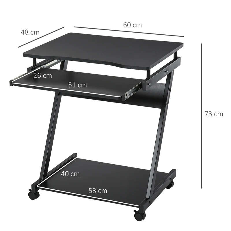 Bureau informatique roulant 60 x 48 x 73 cm tablette coulissante et étagère moderne épuré en panneau de particules noir 21_0002446