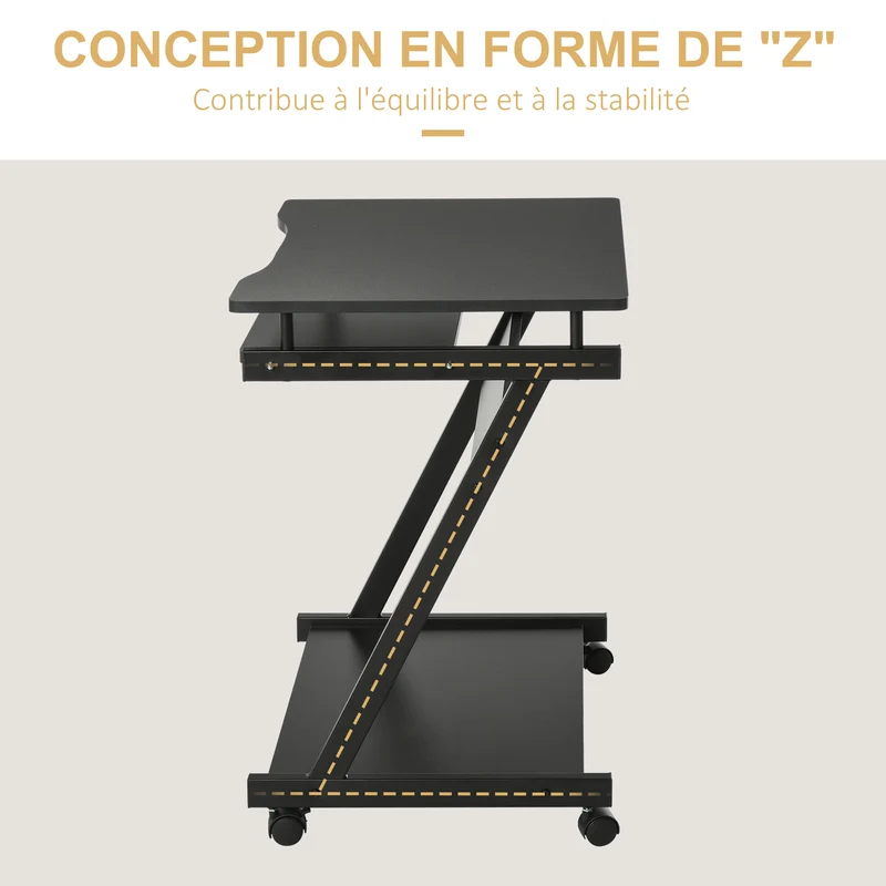 Bureau informatique roulant 60 x 48 x 73 cm tablette coulissante et étagère moderne épuré en panneau de particules noir 21_0002446