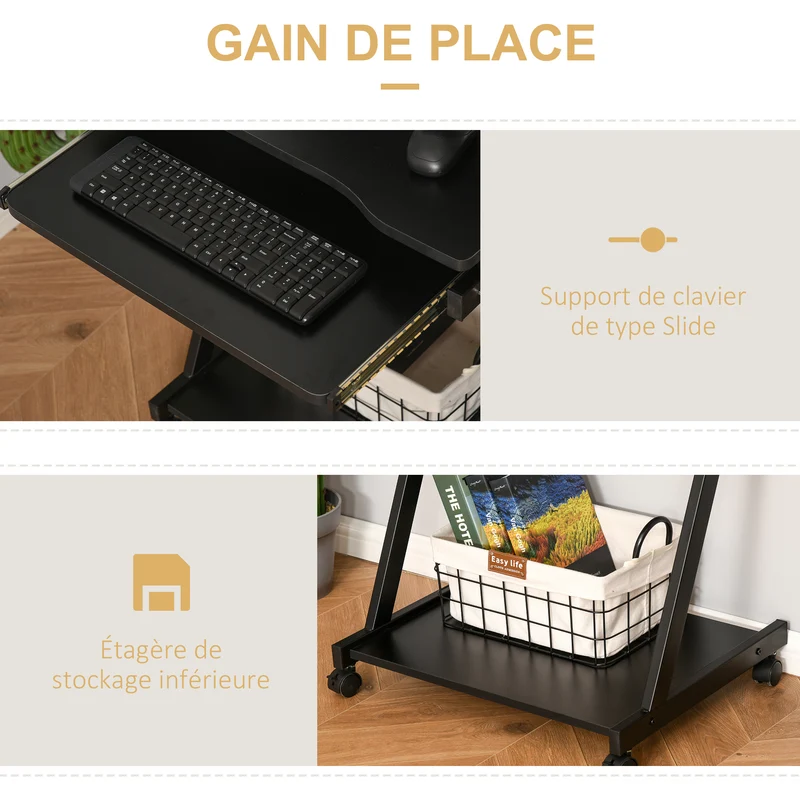 Bureau informatique roulant 60 x 48 x 73 cm tablette coulissante et étagère moderne épuré en panneau de particules noir 21_0002446