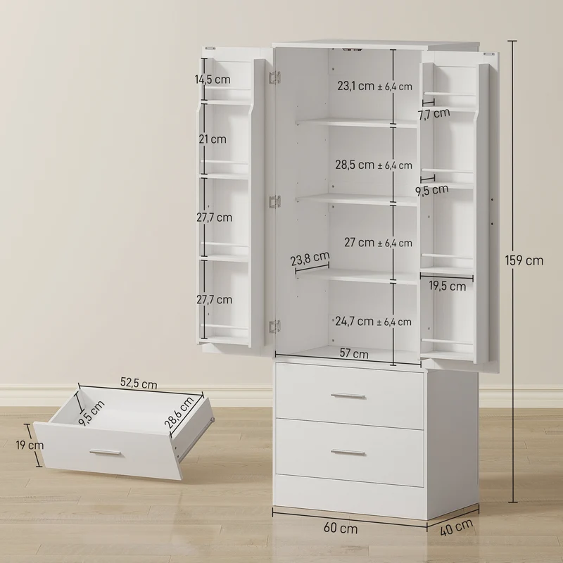 Buffet haut de cuisine 60 x 40 x 159 cm rangement très polyvalent porte-épices intégré contemporain épuré en MDF blanc 21_0003360