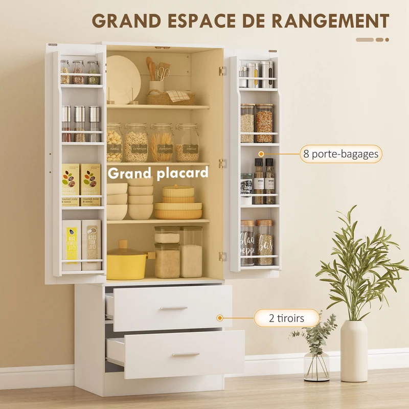 Buffet haut de cuisine 60 x 40 x 159 cm rangement très polyvalent porte-épices intégré contemporain épuré en MDF blanc 21_0003360