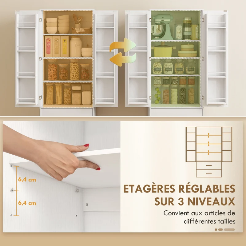 Buffet haut de cuisine 60 x 40 x 159 cm rangement très polyvalent porte-épices intégré contemporain épuré en MDF blanc 21_0003360