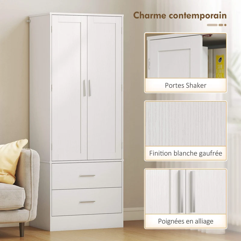 Buffet haut de cuisine 60 x 40 x 159 cm rangement très polyvalent porte-épices intégré contemporain épuré en MDF blanc 21_0003360