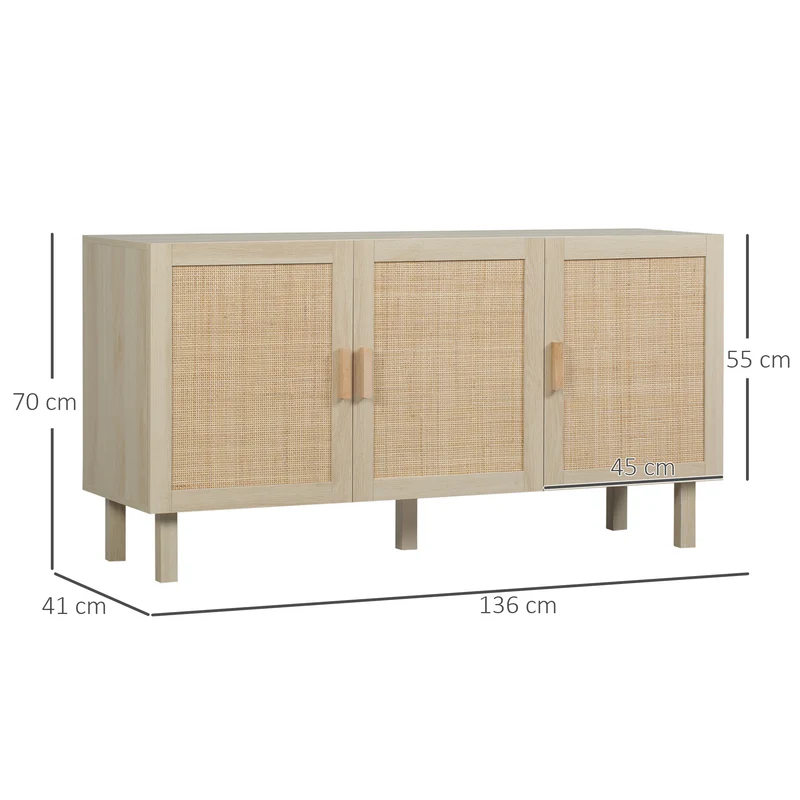 Buffet de rangement 3 portes salon 136 x 41 x 70 cm étagères réglables rustique en panneau de particules bois naturel 21_0002860