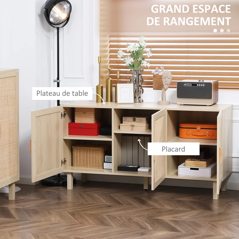 Buffet de rangement 3 portes salon 136 x 41 x 70 cm étagères réglables rustique en panneau de particules bois naturel 21_0002860