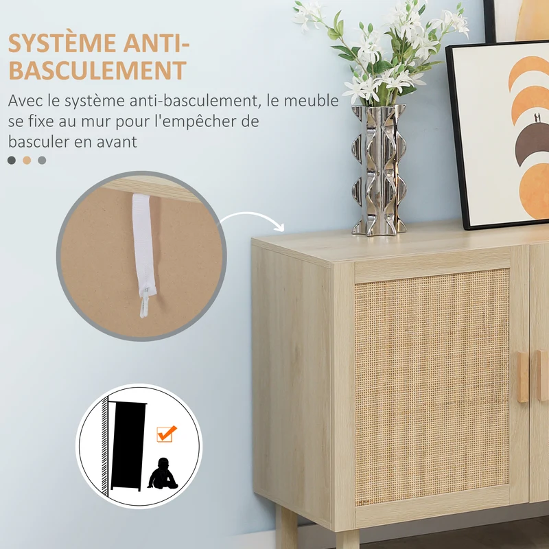 Buffet de rangement 3 portes salon 136 x 41 x 70 cm étagères réglables rustique en panneau de particules bois naturel 21_0002860