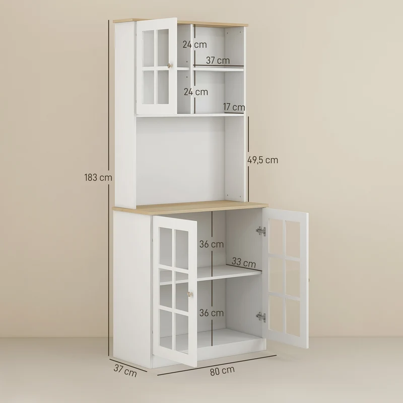 Buffet de cuisine vitrine 3 portes 80 x 37 x 183 cm rangement optimisé plan de travail design contemporain en MDF blanc 21_0002191