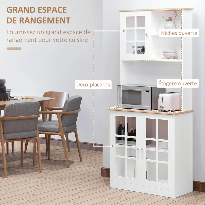 Buffet de cuisine vitrine 3 portes 80 x 37 x 183 cm rangement optimisé plan de travail design contemporain en MDF blanc 21_0002191
