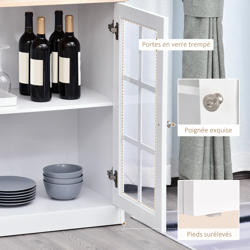 Buffet de cuisine vitrine 3 portes 80 x 37 x 183 cm rangement optimisé plan de travail design contemporain en MDF blanc 21_0002191