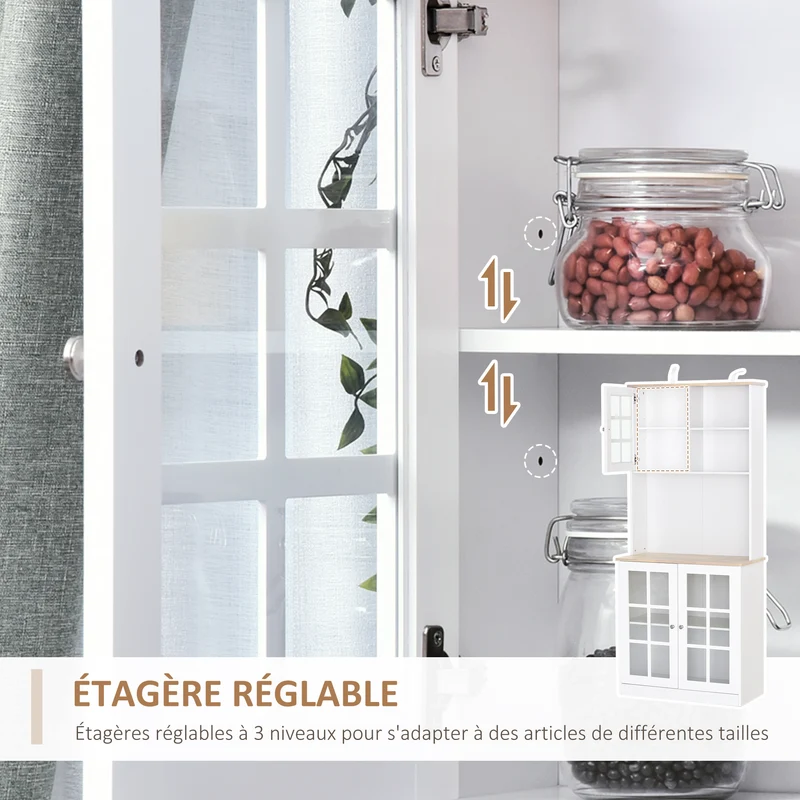 Buffet de cuisine vitrine 3 portes 80 x 37 x 183 cm rangement optimisé plan de travail design contemporain en MDF blanc 21_0002191