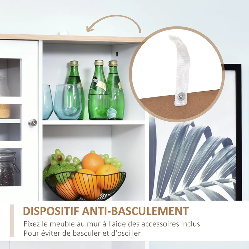 Buffet de cuisine vitrine 3 portes 80 x 37 x 183 cm rangement optimisé plan de travail design contemporain en MDF blanc 21_0002191