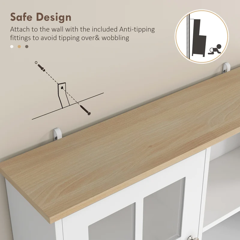 Buffet de cuisine vitrine 3 portes 80 x 37 x 183 cm rangement optimisé plan de travail design contemporain en MDF blanc 21_0002191