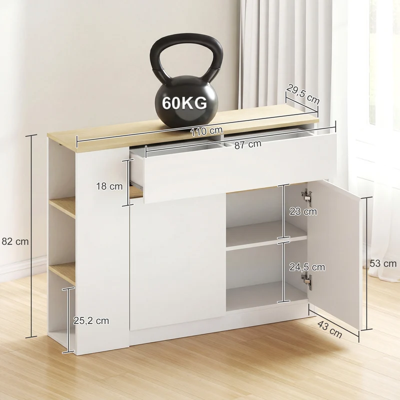 Buffet bas de rangement salon 110 x 29,5 x 82 cm grand tiroir étagères réglables épuré en panneau de particules blanc 21_0002337